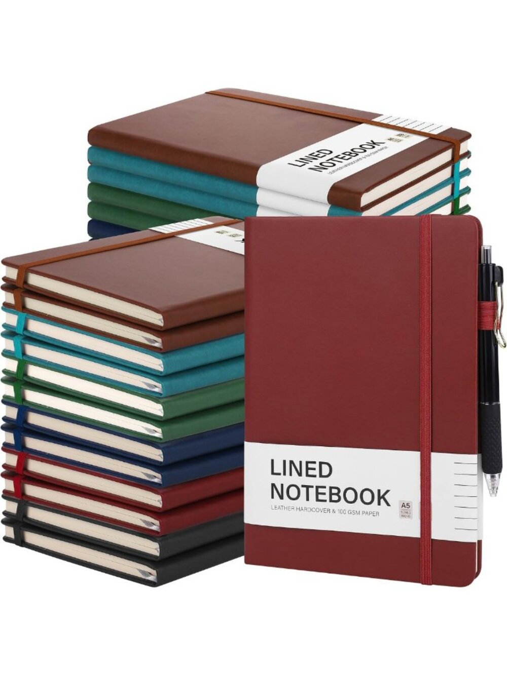 30 Set Lined Journals with Pens - A5 Hardcover Notebooks, PU Leather, College